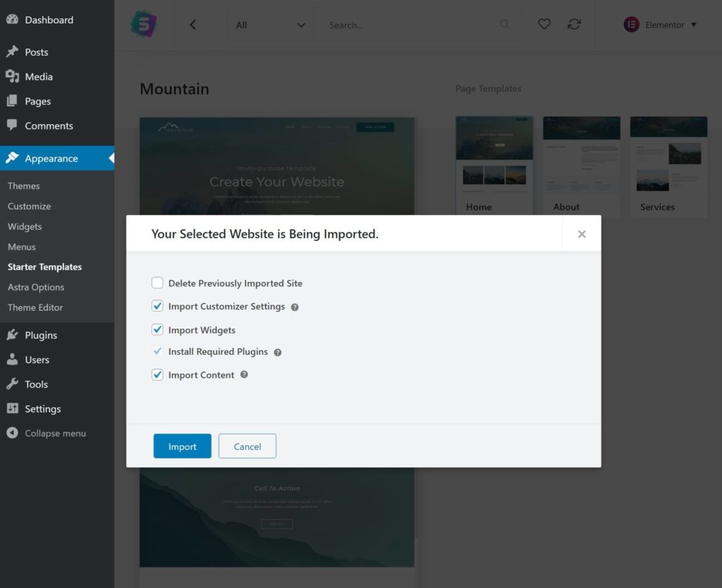 Choosing what content to import with Astra - GeneratePress vs Astra comparison