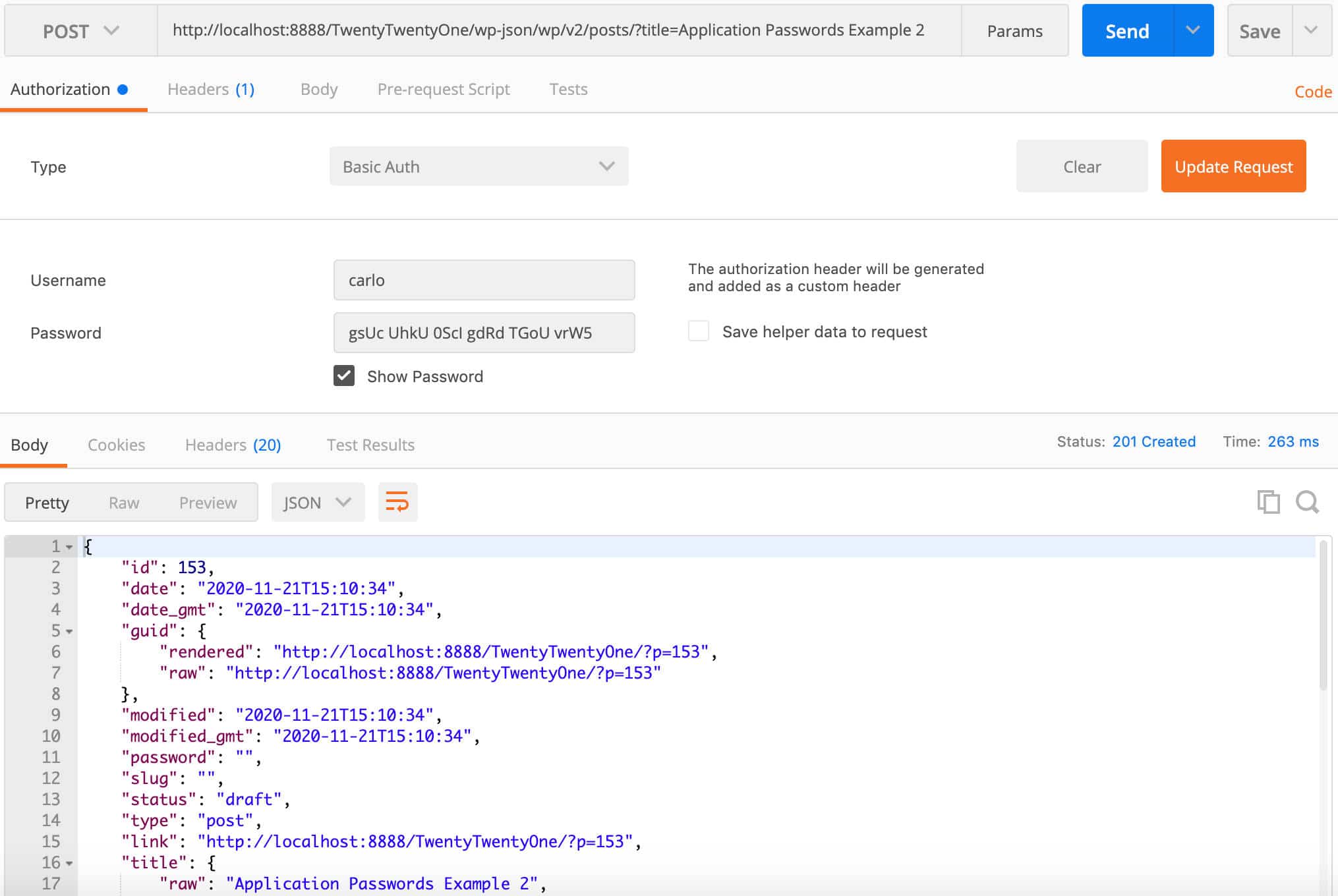An authenticated call to the REST API in Postman
