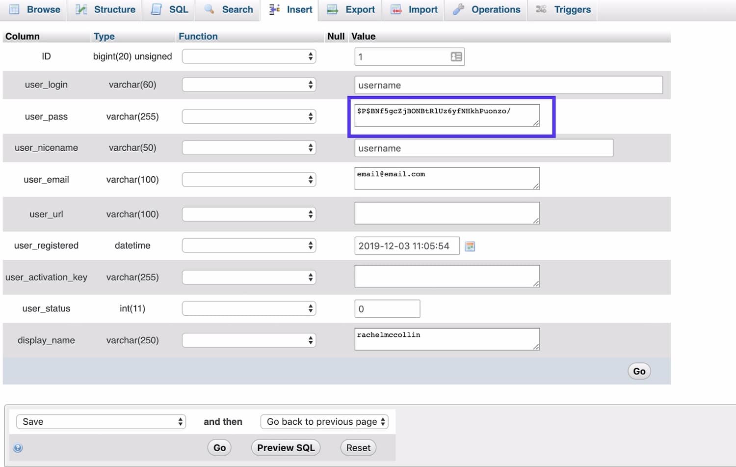 Editing the password in the user_pass field