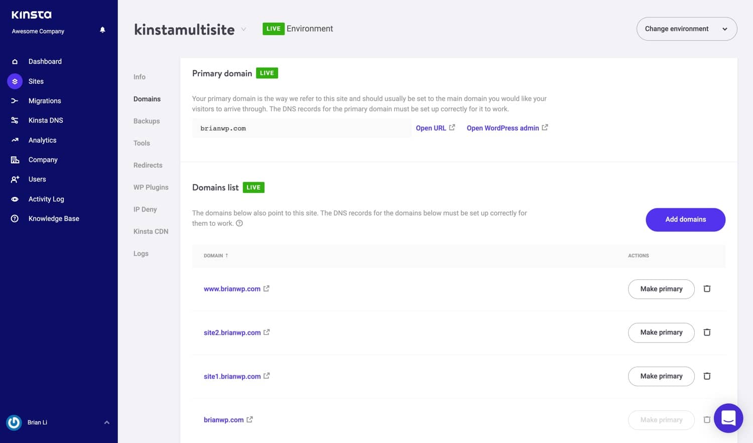Multisite domains in MyKinsta.