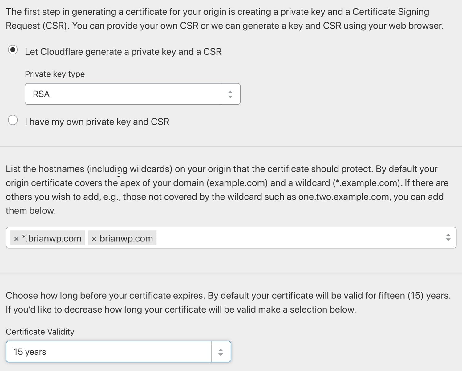 Generate a Cloudflare origin certificate.