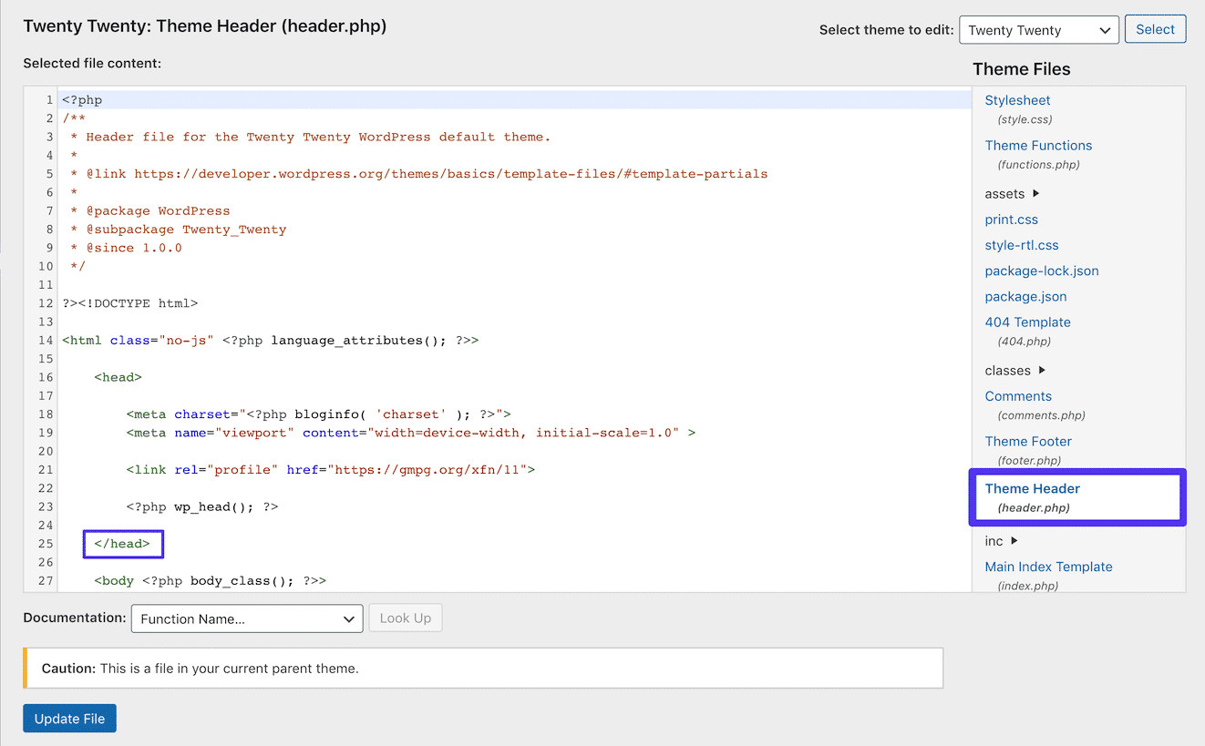 Add Google Analytics to WordPress: Editing the header.php file in WordPress