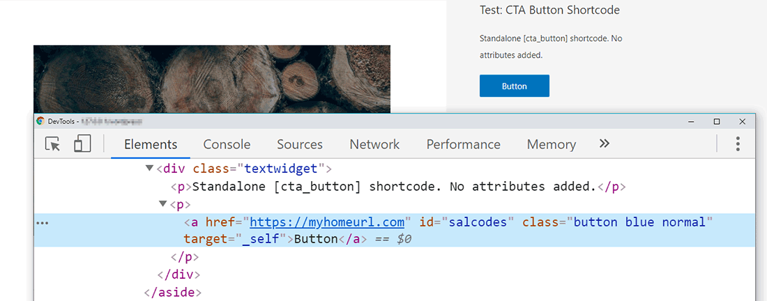 Showing the CTA Button's HTML Output with Chrome's Developer Tools