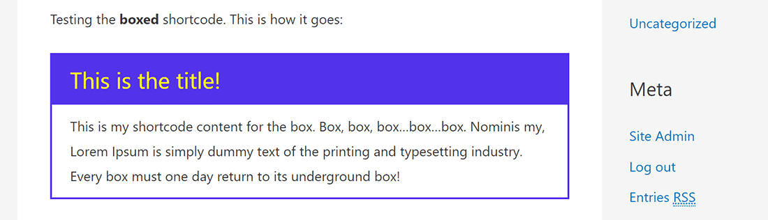 Output of the Boxed shortcode with the attributes added, showing that it works perfectly as intended
