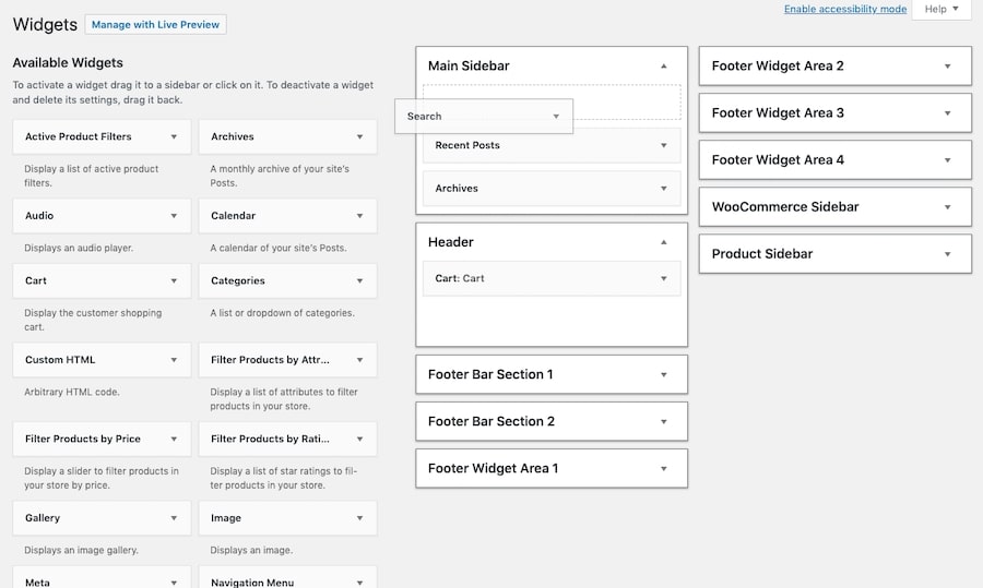 How to add a Search widget to the sidebar by dragging and dropping it into place.