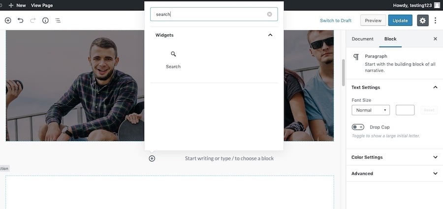 How to find the search widget block using the Gutenberg editor.