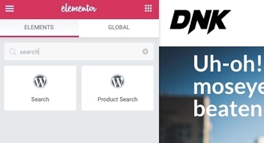 Where to find the WordPress search widget in your Elementor plugin.