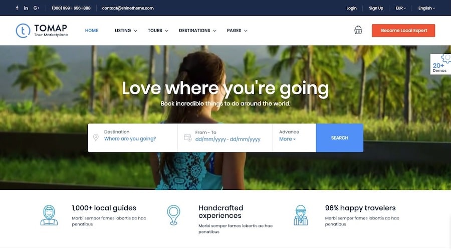 A demo of the Travel Booking theme in ThemeForest, showing how search is automatically built into the template.