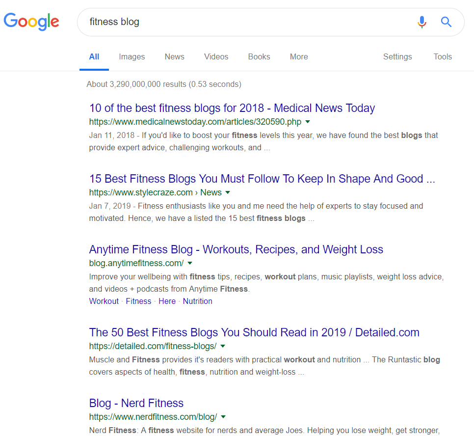 Fitness blog Google search