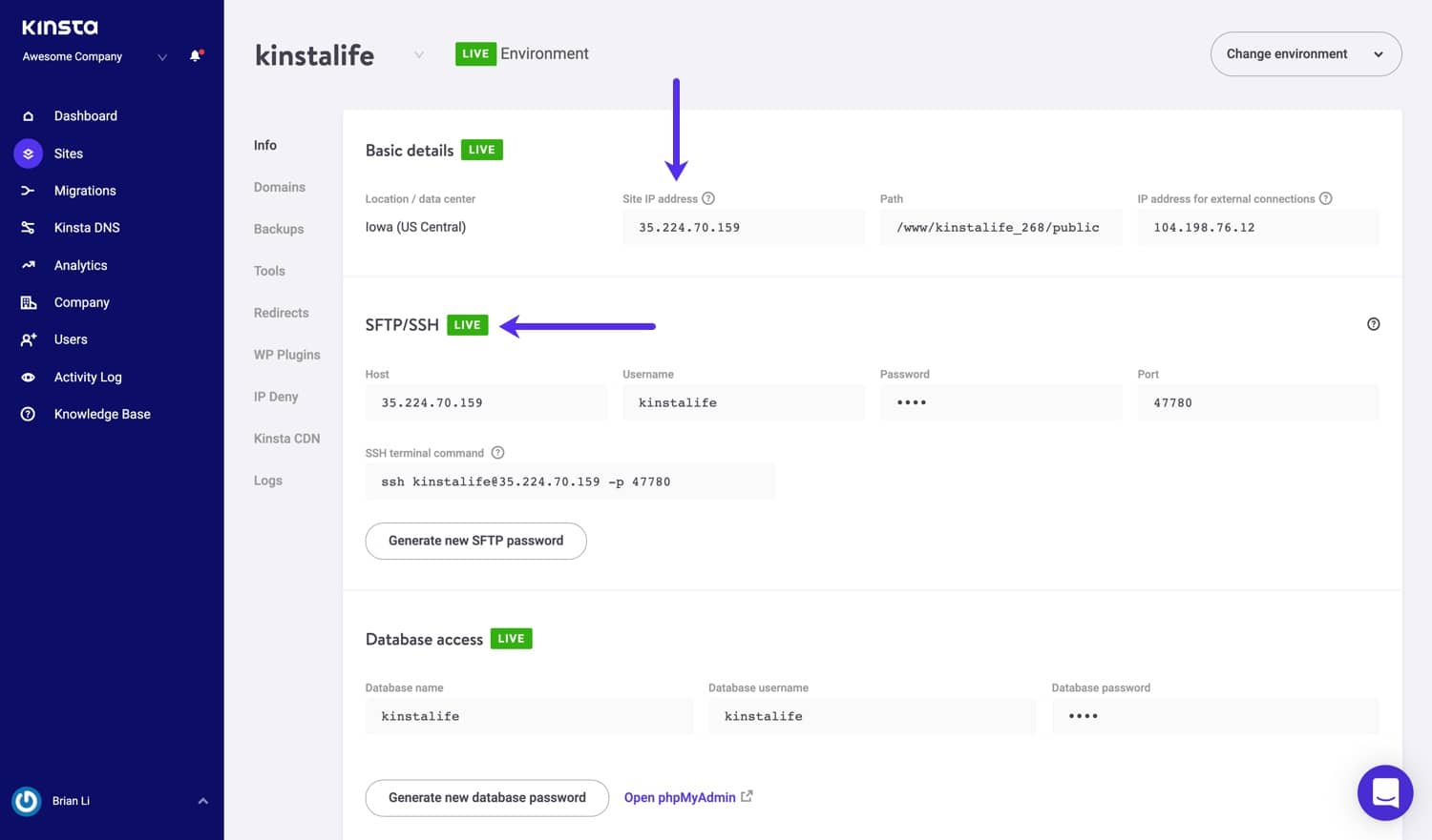 SFTP details in MyKinsta.