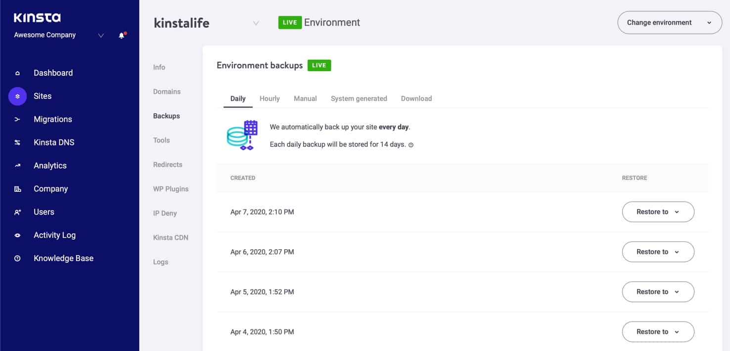 Backups in MyKinsta.