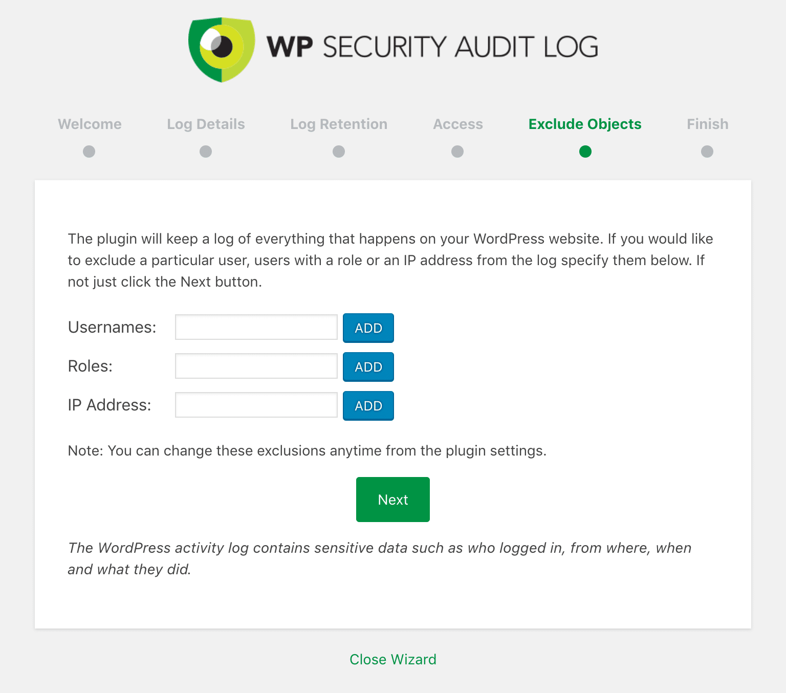 WP Security Audit Log exclude objects