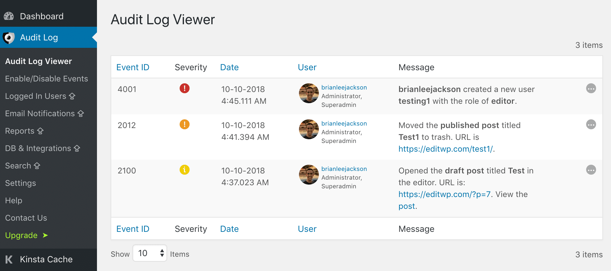 WP Security Audit Log user registrations