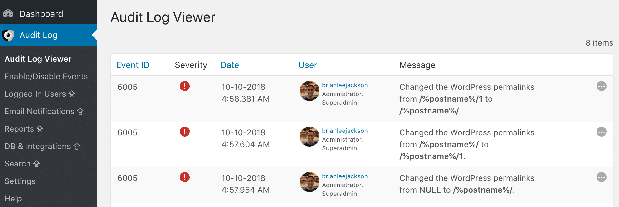 WP Security Audit Log WordPress core settings