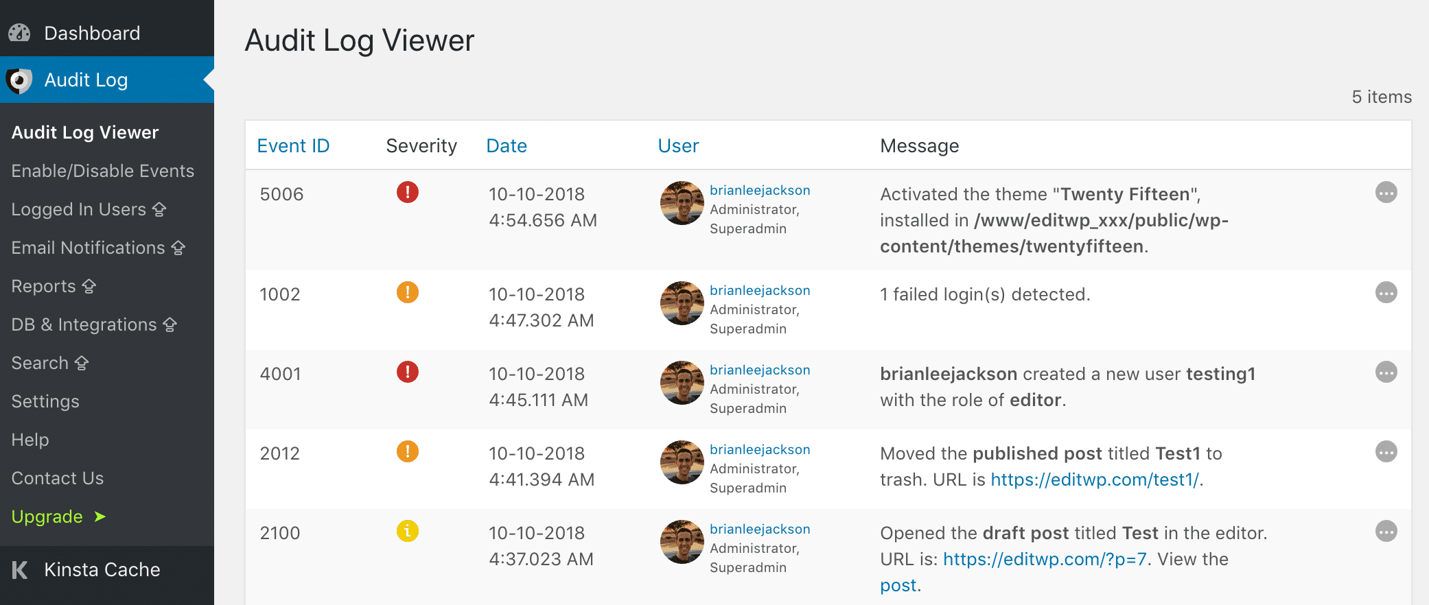 WP Security Audit Log change to theme