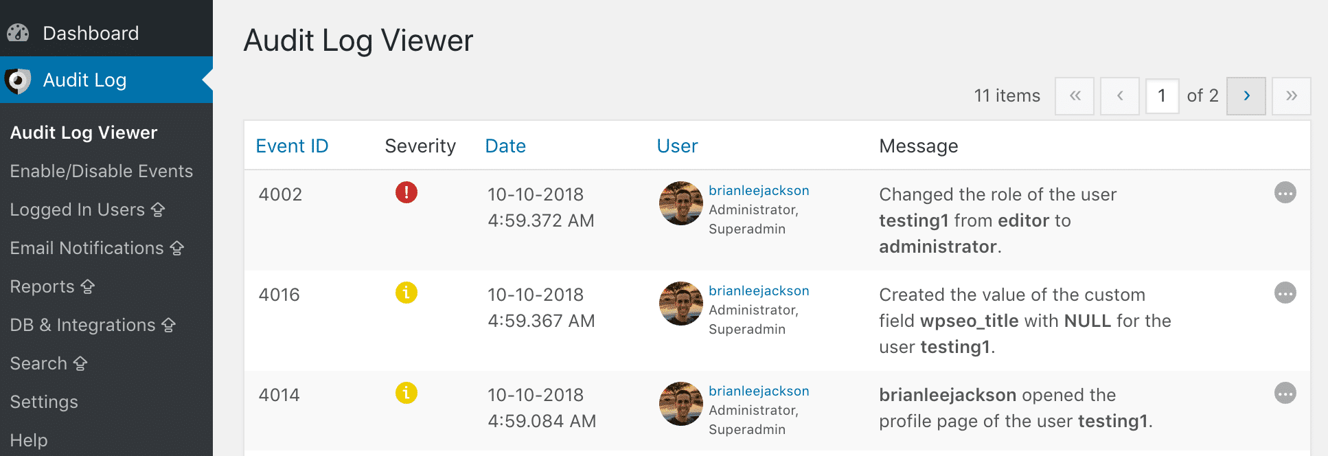 WP Security Audit Log user profile tweaks