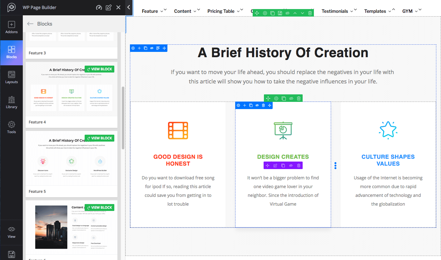 WP Page Builder feature blocks