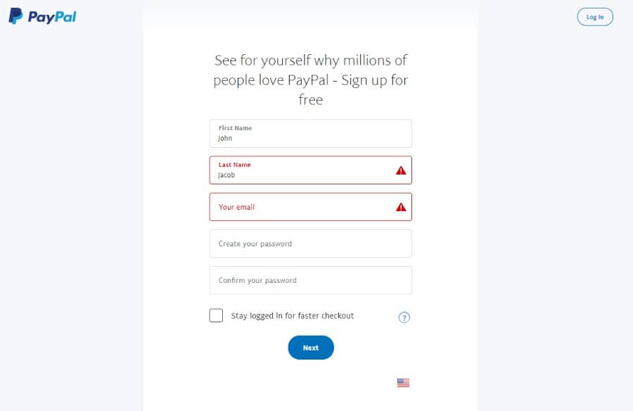PayPal sign up form PayPal sign up form