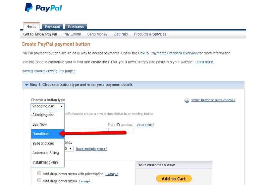 Choose Donations button type Choose Donations button type