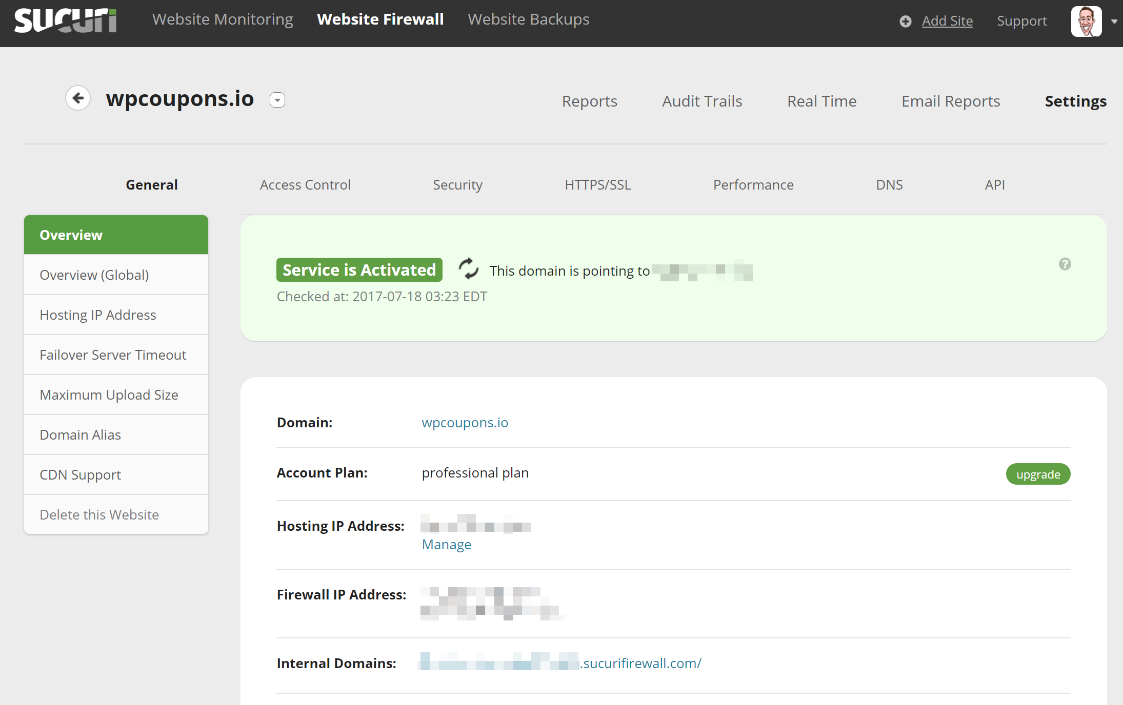Sucuri dashboard