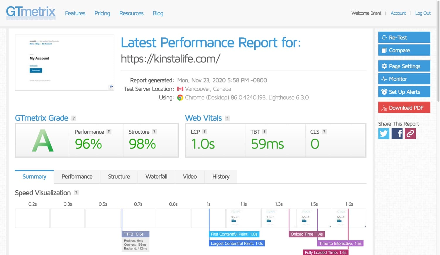 Our second speed test with GTmetrix.