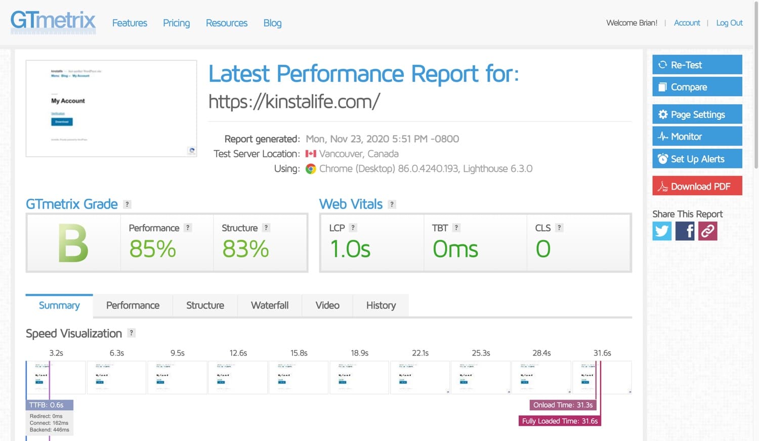 GTmetrix speed test for kinstalife.com.