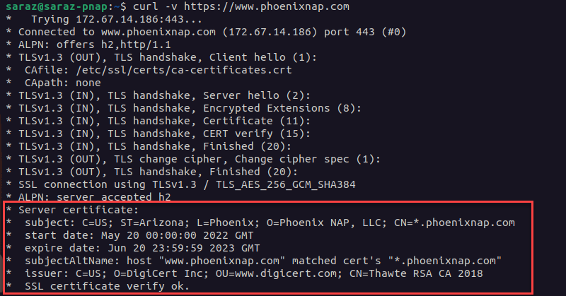 Using the curl command to check a website's certificate.