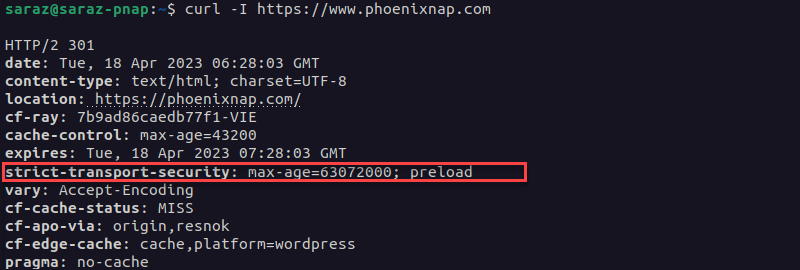 Using curl -l to check a website's certificate.