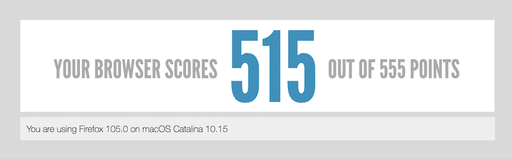 The HTML5test website, showing a results panel that reads,