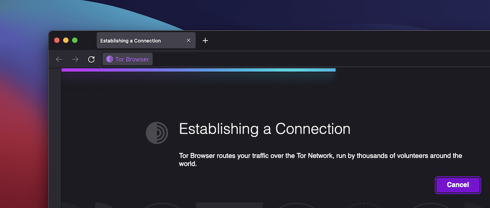 A partial Tor Browser window on a red, blue, and purple gradient background that shows a purple to blue progress bar and a notice that reads,