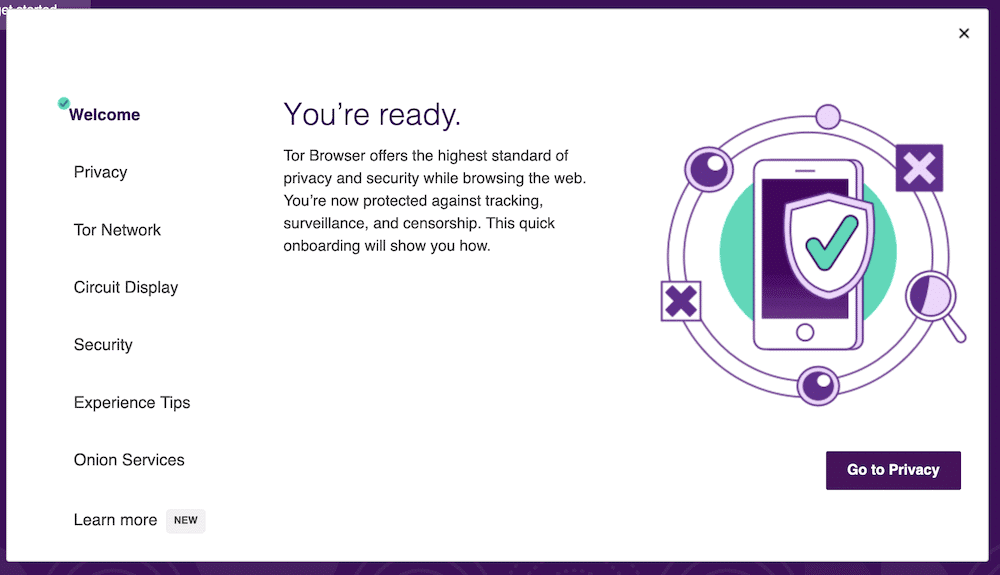 The Tor Browser onboarding wizard, in white, that shows a set a navigation options on the left, text in the middle about the tab in question, and a graphic of a smartphone surrounded by a mganifying glass, crosses, and circles. The phone also has a shield complete with a tick. There's also a purple,