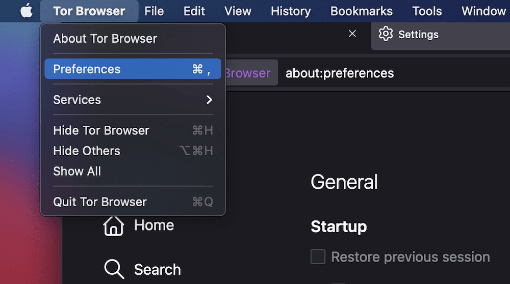 A small portion of the Tor Browser window (complete with the address bar and General tab of the Preferences screen) that shows the app's drop-down menu, with the