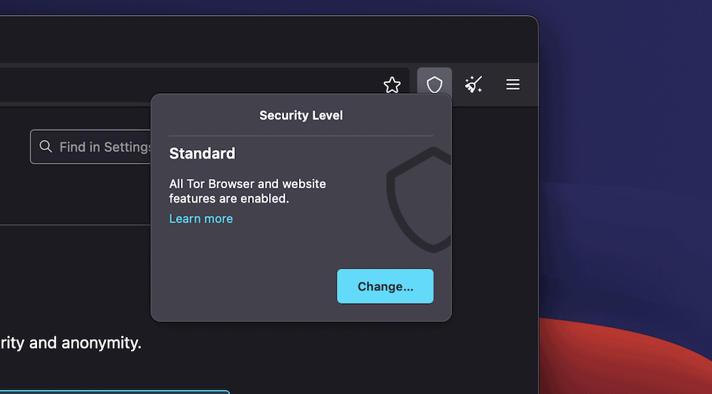 ALT TEXT: The upper portion of the Tor Browser showing the Security Level drop-down menu. The setting is at
