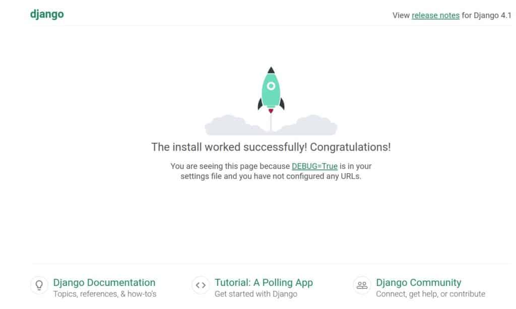 Django starting page showing the message 