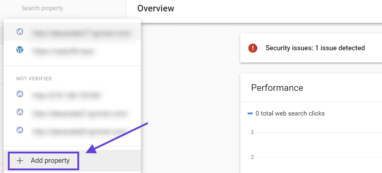 Adding a property to Google Search Console with an arrow pointing to the 