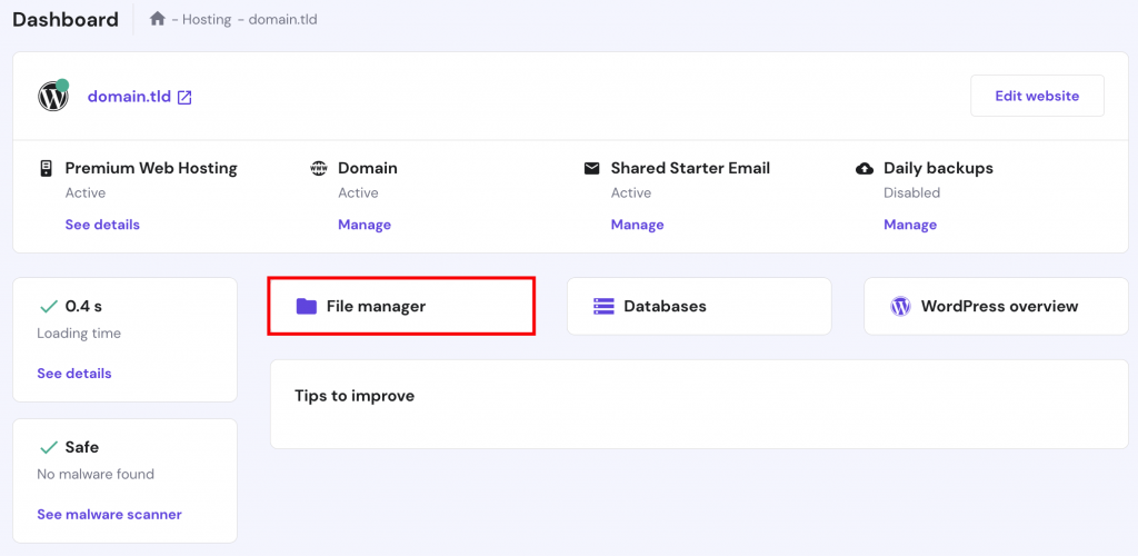 hPanel user dashboard with the File Manager menu being highlighted.
