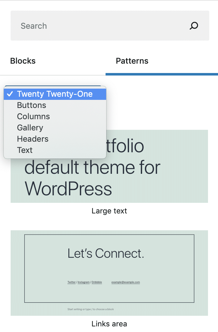 The block pattern category dropdown