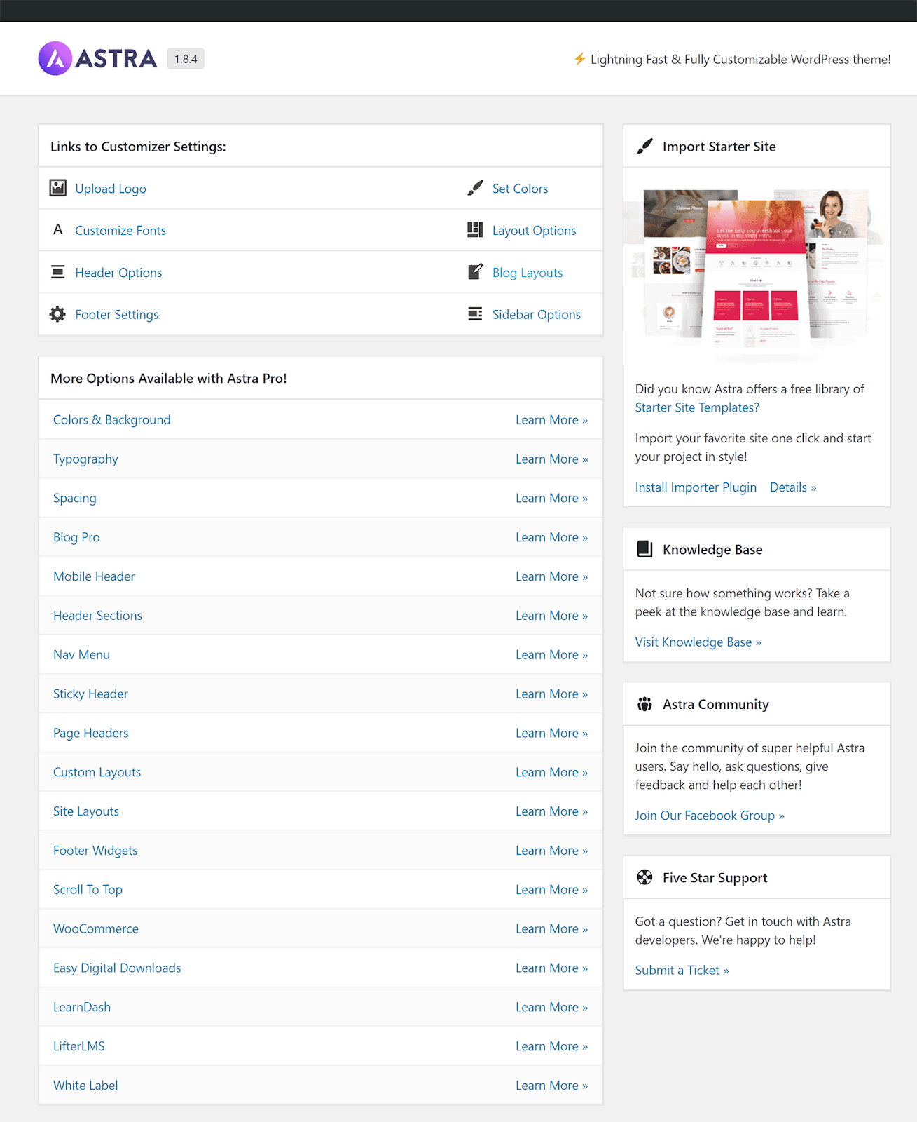 Astra Options Page