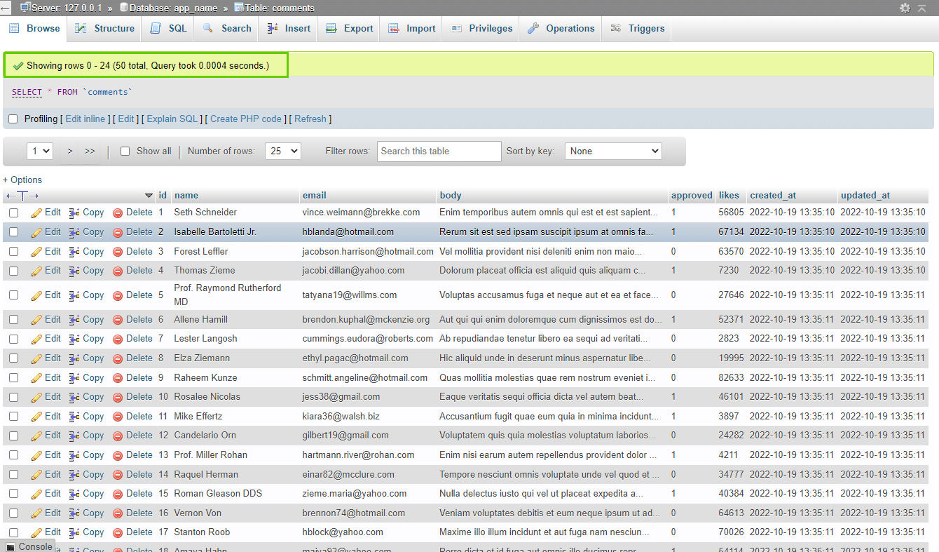 50 rows of data in the database