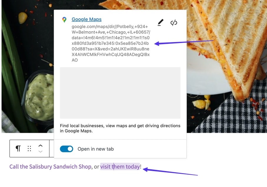 a map link to Google Maps placed inside a URL field