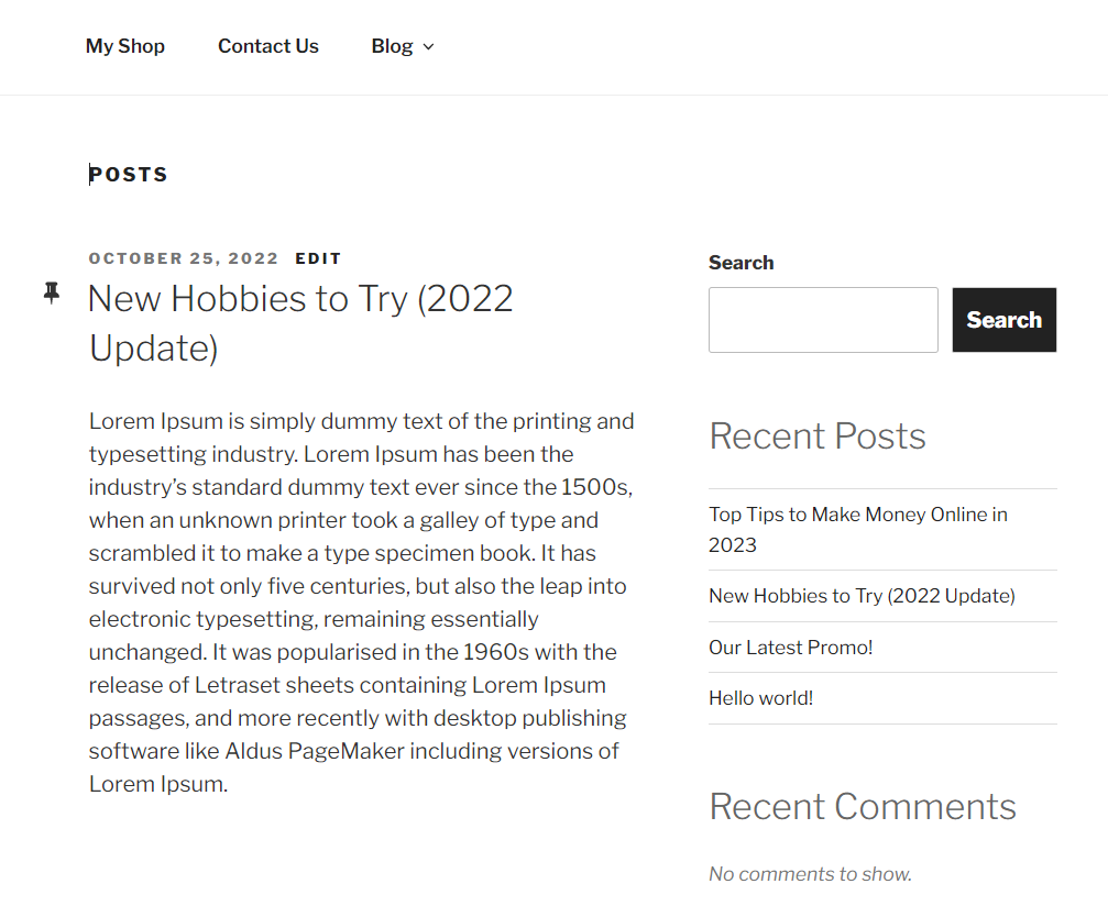 The sticky post appears at the top of the archive page with a pin symbol.
