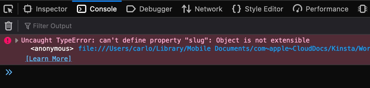 Uncaught TypeError: can't define property