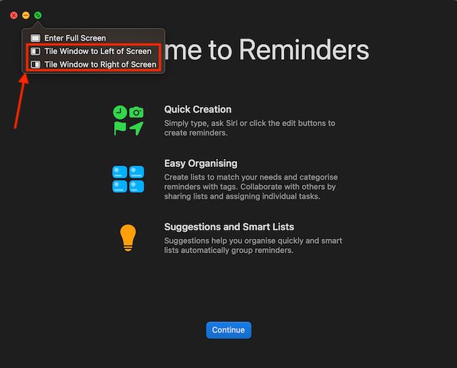 "Tile Window to Left of Screen" or "Tile Window to Right of Screen" option