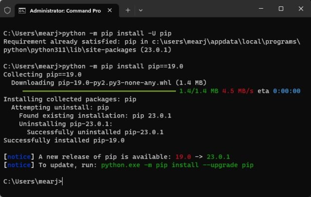 Upgrade or Downgrade Pip on Windows