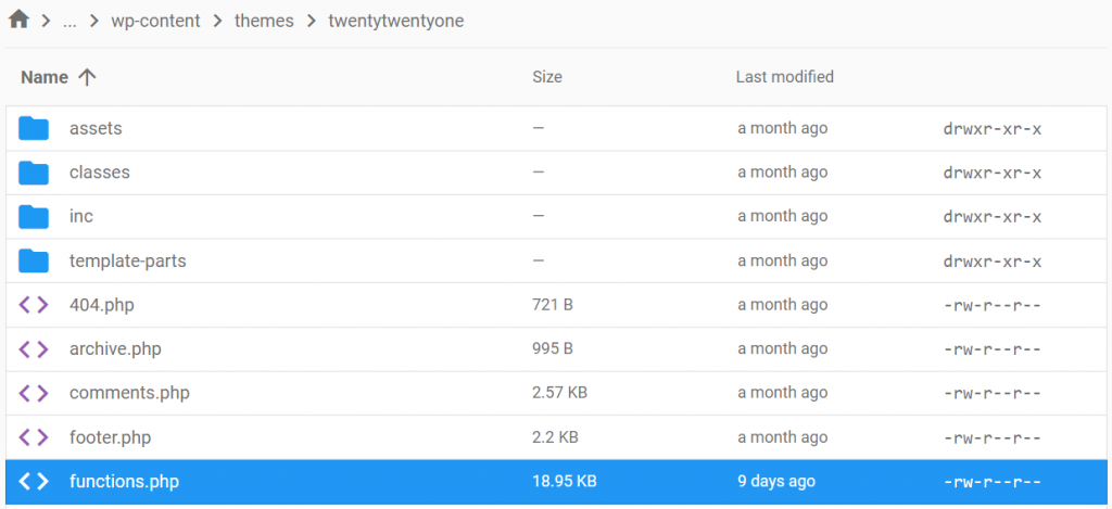 Hostinger file manager showing the active theme directory