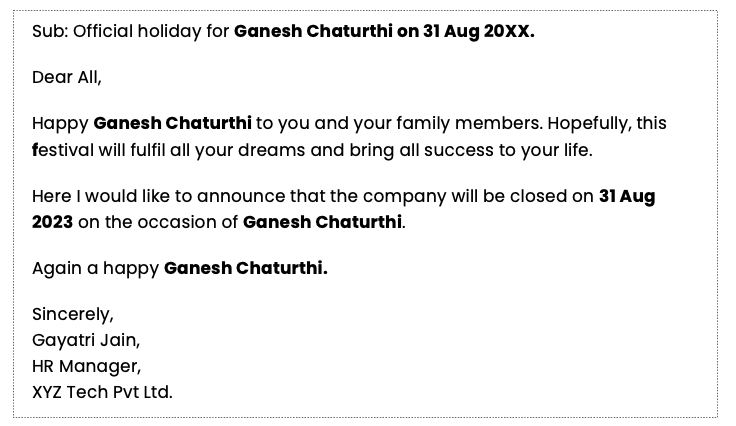 Holiday announcement email to employees example