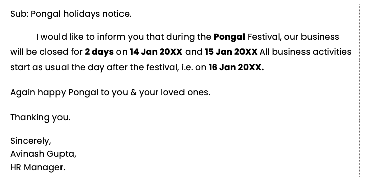 Holiday announcement email to employees from manager