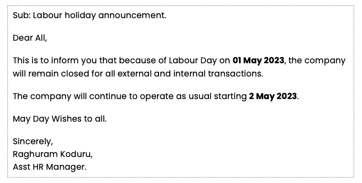 Holiday announcement email to staff