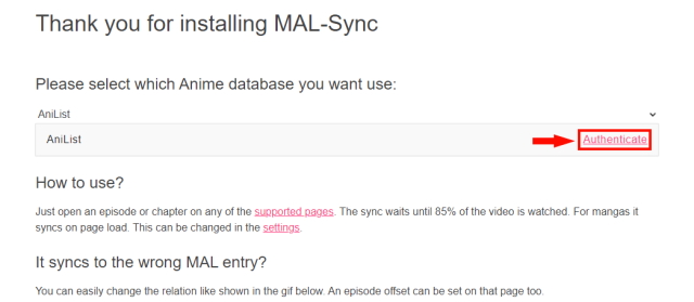 An image of MAL-sync's authentication toolbar.