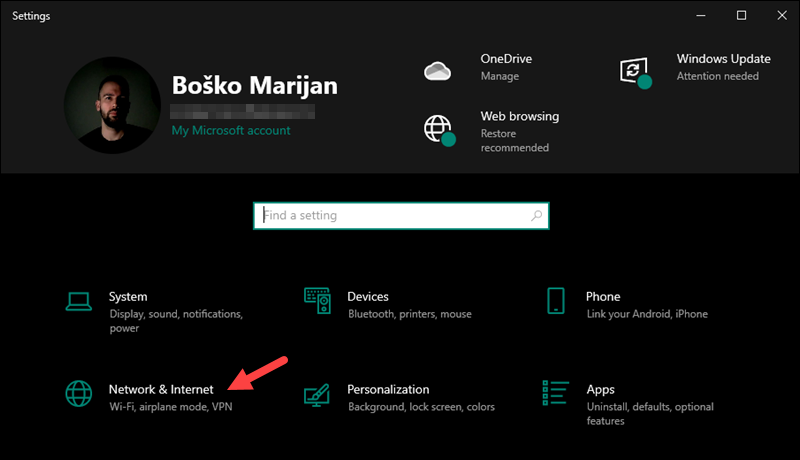 Network and internet settings in Windows.
